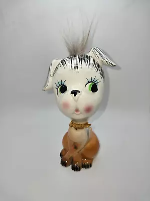 Vtg MCM Anthropomorphic Kitsch Ries Ceramic Big-Eye Dog Figurine W/Fur & Bowtie • $25