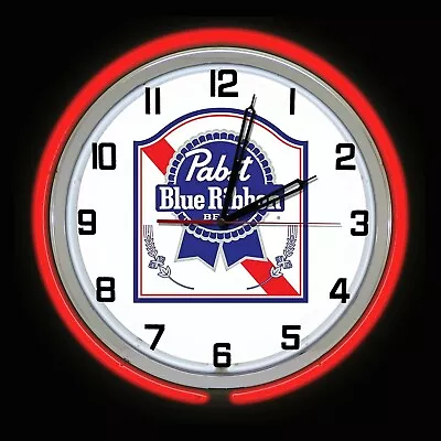 19  Pabst Blue Ribbon PBR Beer Red Double Neon Clock Chrome Finish • $169.99