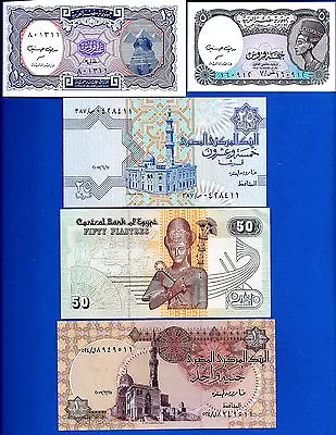 Egypt 5102550 Piastres & 1 Pound Uncirculated Banknotes Set #1 • $4.95