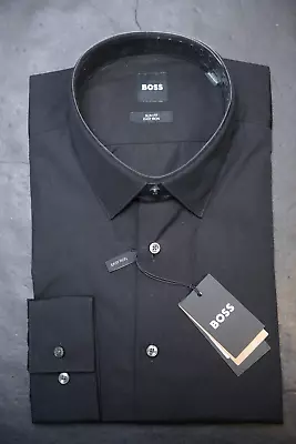 Hugo Boss Men's Isko Slim Fit Easy Iron Solid Black Cotton Dress Shirt 45 17.7 • $64.79
