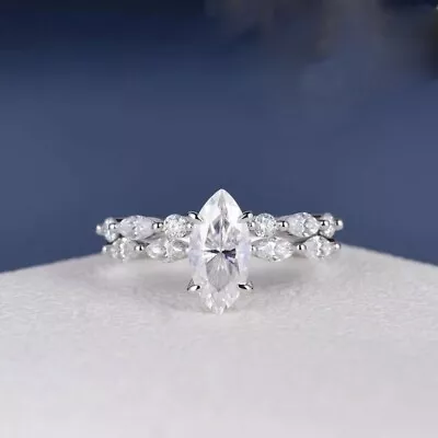 Marquise Cut Moissanite Wedding Engagement Two Ring Set 14K White Gold Plated • $274.19