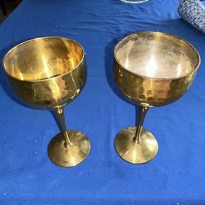 2 Vintage Hammered Brass Goblet Stemmed Glass -India In EUC 6.5” Tall 6 Oz Cap. • $12.99