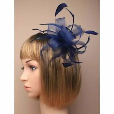 Navy Blue Fascinator With Sinamay Loops And Feather Tendrils Set On Hair Comb • £7.25