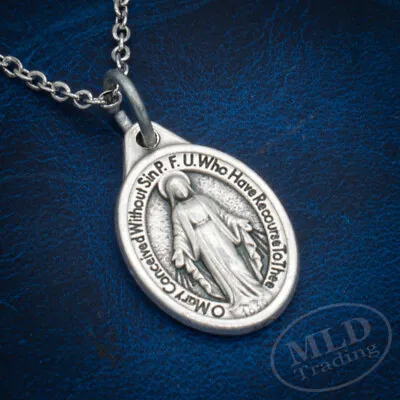 Miraculous Medal Pendant Necklace - 3/4  Mini Oval Silver Zinc Alloy 18  Chain • $11.99