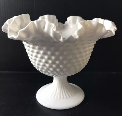 Vintage Fenton Hobnail Milk Glass Fruit Compote Pedestal Bowl Ruffled Edge • $22