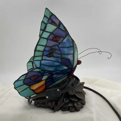 Vintage Stained Glass Butterfly Table Lamp Brass Flowers Bottom • $43.33