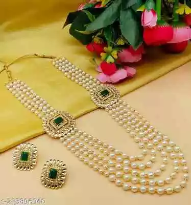 Indian Pearl Gold Necklace Bridal Bollywood Wedding 2 Pc Jewelry Earring Set • $21.84