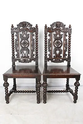 Pair Antique Victorian Gothic Oak Chairs -Vintage Carved Hall Kitchen End Chairs • £295