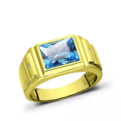 New 925 Real Solid Silver 18K Gold Plated Mens Blue Topaz 2 Diamond Accents Ring • £192.68