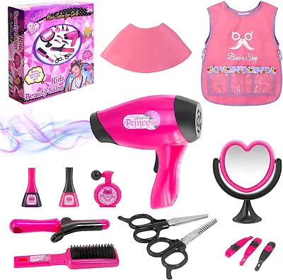 Girls Beauty Salon Set Pretend Play Hair Stylist Toy Kit With Barber Apron Hair • $36.12