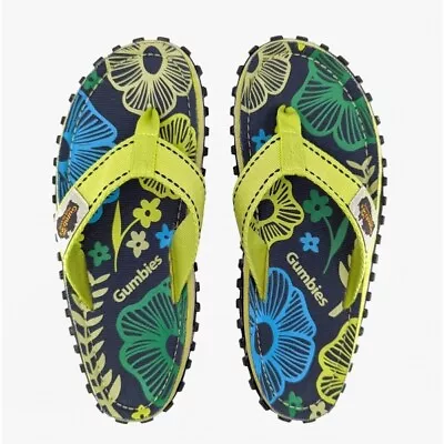 Gumbies ISLANDER Ladies Recycled Summer Slip On Flip-Flops Pistachio Flower Lime • £27.41