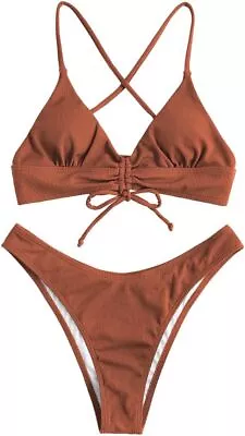 ZAFUL Womens Ribbed Cinched Lace Up Brazilian Two Piece Bikini Set (Coffee L) • $6.99