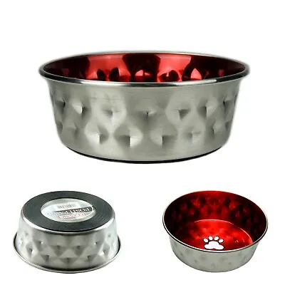 £5.49 • Buy Dog Bowls Stainless Steel Silver Red Non Slip Puppy Feeding Food Water Dish