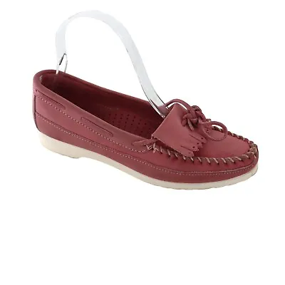 Minnetonka Womens Kilty Suede Moccasin Size 6 Fringe Leather Slip On Loafer Pink • $25