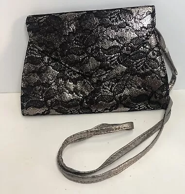 NEIMAN MARCUS Envelope Clutch Bag Metallic Black Floral Lace Overlay & Strap • $18.99