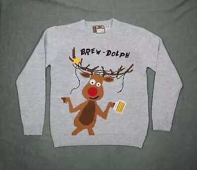 Brew-Dolph Funny Christmas Theme Jumper Size UK 2XL Festive Novelty Grey Sweater • £14.95