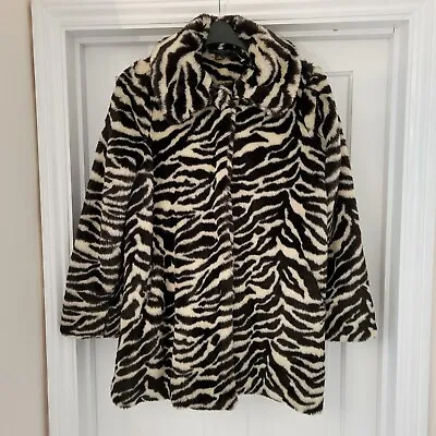 Monki Size XS Cream Black Zebra Print Faux Fur Short Winter Coat Plush Soft  • £29.99