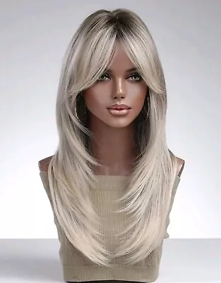 Womens Long Straight Hair Wigs Ladies Natural White Blonde Gold Cosplay Full Wig • £21.95