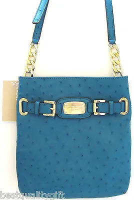 New Michael Kors Hamilton Ostrich Blue Leather+gold Cross Bodyshoulder Bag • $179.99