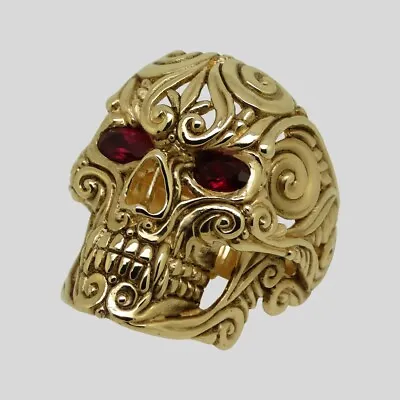 Mexican Sugar Skull 10K Gold Ring Biker Memento Mori Handmade All Size Red Еyes • $2230