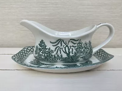 J & G Meakin Ironstone Willow Gravy Boat And Dish - Green White • £15.99