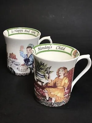 Pair Of Queen's Fine Bone China Sunday’s & Monday’s Child Mugs Birthday Week • £14