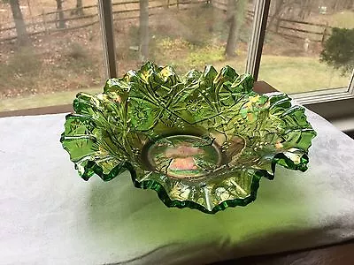 Millersburg Carnival Glass Green Holly Whirling Leaves Ruffled Edge Bowl • $169