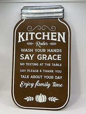 Kitchen Rules Wood Sign Farmhouse Rustic 13.5  X 7.5  Fall Decor Mason Jar Shape • $9.59