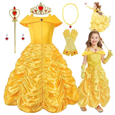 Girls Belle Fancy Dress Up Princess Beauty Halloween Outfit Costume Gloves Wand • £15.59