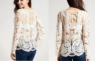 £7.99 • Buy New Women Sexy Semi Sheer Long Sleeves Embroidery Floral Lace Crochet Top Blouse