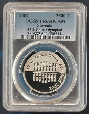 SLOVENIA SILVER PROOF 2500 TOLARJEV COIN 2002 YEAR KM#48 CHESS PCGS PR69 TOP N2 • $329