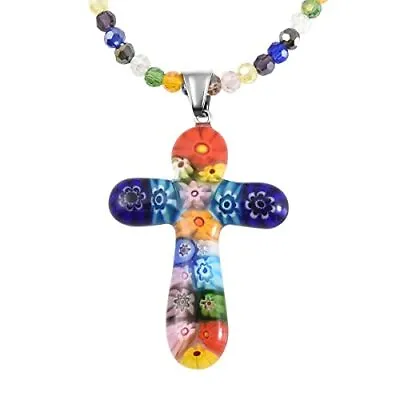 Colorful Murano Style Glass Cross Necklace With 20  Stainless Steel Chain • $25.96