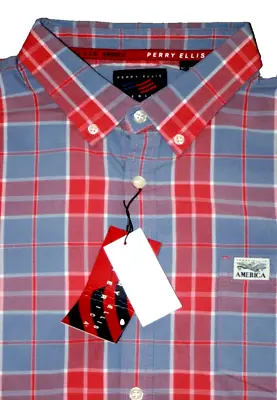 Perry Ellis America Mens Long Sleeve Dress Shirt XL 46 Red Blue Plaid NWT $79 • $12.99