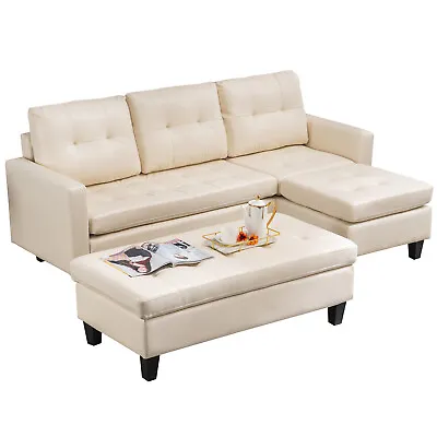 Convertible Sectional Leather Sofa L-Shape 3Seat Couch Ottoman Storage Stool Set • $883.59