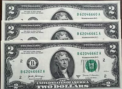 *Lot Of 3 LUCKY CRISP Uncirculated/Sequential $2 Two Dollar Bills* Series 2017A. • $8.95