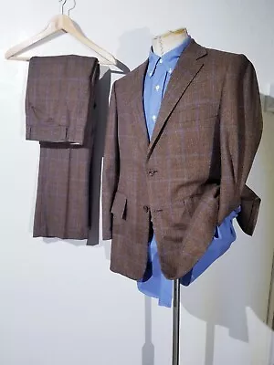 Vintage 1950s 60s Brown Blue Check Wool Tweed 2 Pc Suit Jacket 38R Pants 34 • $269.95