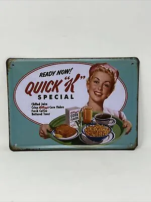 Vintage Look Reproduction KELLOGG’S Cereal Quick “K” Special Tin Metal SIGN • $17.08