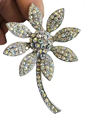 Vintage Weiss AB Aurora Borealis Rhinestone Flower Brooch Silver Tone Signed • $120