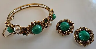 $137.50 • Buy Vintage FLORENZA Signed Retro Cabachon Rhinestone Bracelet & Earrings Set