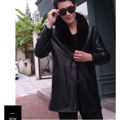 Men Faux Fur Collar Coat Business PU Leather Jacket Winter Fleeced Warm Overcoat • $66.59