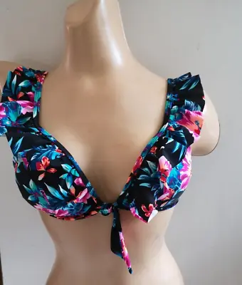 Chainstore  Black Pink Floral Padded Frill Plunge Bikini Top Size 8 New • £6.99