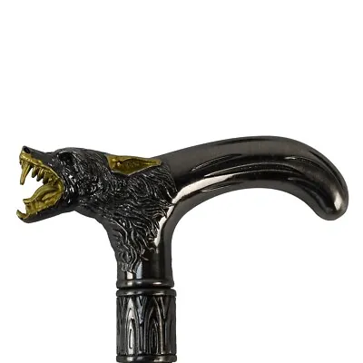 Screaming Wolf Head Teeth T Handle Cane 2pc Metal Shaft Travel Walking Stick • $41.98