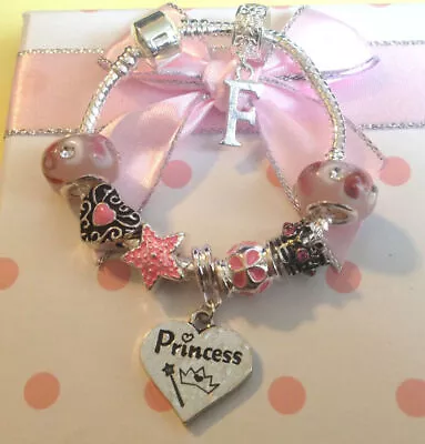 Personalised Girls Pink Big Sister Princess Initial Charm Bracelet In Gift Box • £6.99