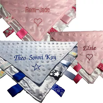 Personalised Baby Blanket Taggy Sensory Toy Comforter Satin Tags Boy Girl Gift • £8.49