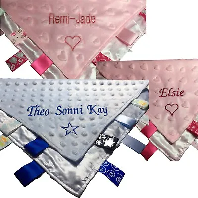 £9.50 • Buy Personalised Baby Taggy Blanket Sensory Toy Comforter Satin Tags Boy Girl Shower