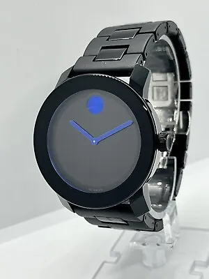 Movado Bold All Black Blue Dot Stainless Steel Men's 42mm SWISS Watch 3600307 • $220