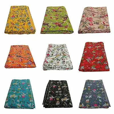£32.77 • Buy Indian Kantha Quilt Bird Print Blanket Cotton King Size Bedspread Handmade Throw