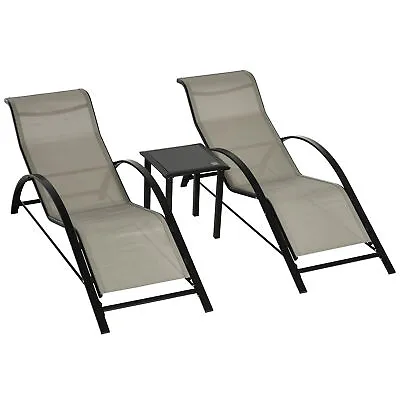 Outsunny 3 Pieces Lounge Chair Set Garden Sunbathing Chair W/ Table Grey • £99.99