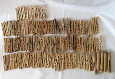 Vintage Wooden Clothes Pins Spring Loaded Weathered Lot Of 100 Crafts W/ 5 Round • $14