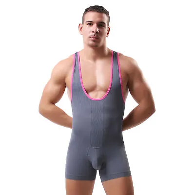 TOP Sport Gym One Piece Jumpsuit BodySuit Men Singlet Wrestling Leotard Fitness • £17.39